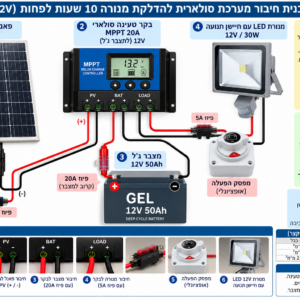 ערכת תאורה סולארית 12V עם פאנל 180W, מצבר GEL 50Ah ופנס LED 30W עם חיישן תנועה 1